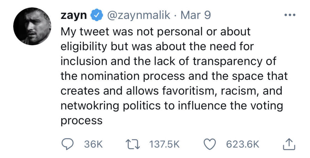 Zayn Malik clarifies fiery statements about The Grammys.